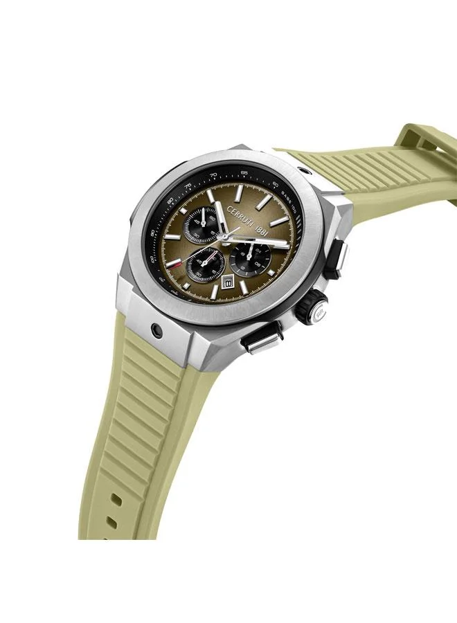 CERRUTI 1881 Ruscello Declination Khaki Dial Silicone Strap Chronograph Watch for Men, 48mm